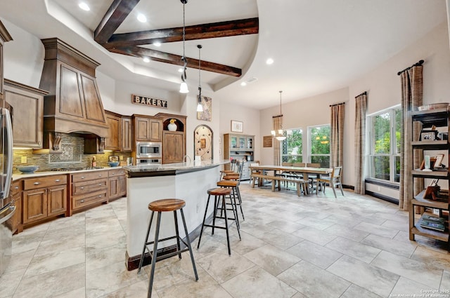 kitchen with stainless steel appliances, decorative backsplash, beam ceiling, a kitchen breakfast bar, and decorative light fixtures