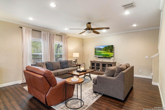 9668 Nueces Cyn, San Antonio, TX 78251 - living area with baseboards, ceiling fan, dark wood finished floors, recessed lighting, and crown molding