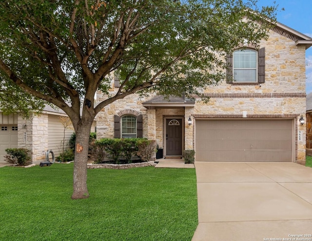 9668 Nueces Cyn, San Antonio, TX 78251 - view of front of property with stone siding, driveway, a front yard, and a garage
