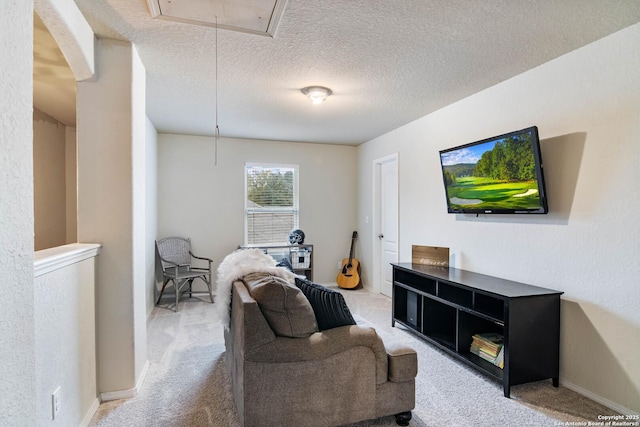 9668 Nueces Cyn, San Antonio, TX 78251 - living area with attic access, light carpet, a textured ceiling, and baseboards