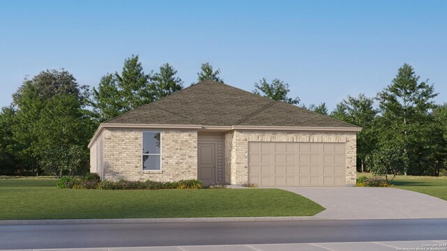 32117 Lemon Mint, Bulverde, TX 78163 - view of front of home with an attached garage, driveway, a front lawn, roof with shingles, and brick siding