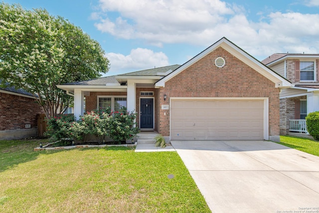 140 Eagle Vail, San Antonio, TX 78258 - view of front of property featuring brick siding, a garage, concrete driveway, and a front yard