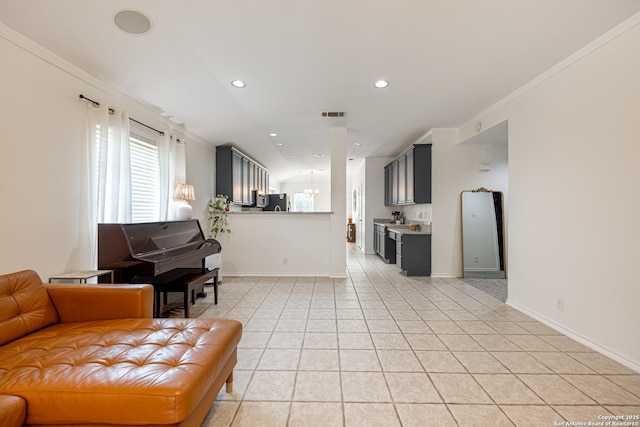 140 Eagle Vail, San Antonio, TX 78258 - living room featuring light tile patterned floors, crown molding, baseboards, recessed lighting, and a chandelier