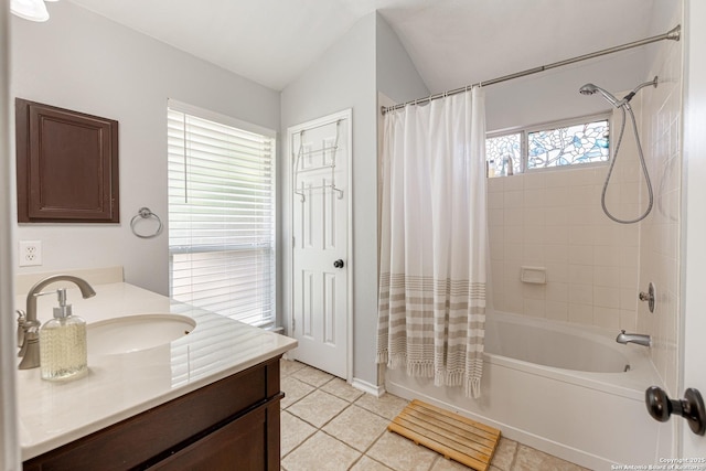 140 Eagle Vail, San Antonio, TX 78258 - bathroom featuring shower / bath combination with curtain, vanity, lofted ceiling, and tile patterned flooring