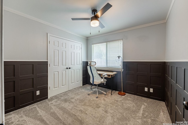 140 Eagle Vail, San Antonio, TX 78258 - office space with carpet flooring, a wainscoted wall, ornamental molding, ceiling fan, and a decorative wall