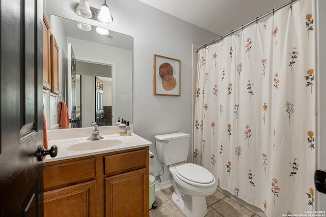 140 Eagle Vail, San Antonio, TX 78258 - bathroom with toilet, vanity, tile patterned floors, and a shower with shower curtain