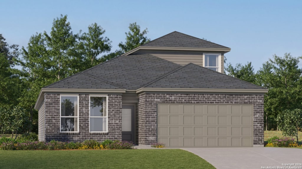 7107 Sapphire Rdg, San Antonio, TX 78263 - view of front of home featuring an attached garage, concrete driveway, a front yard, and brick siding