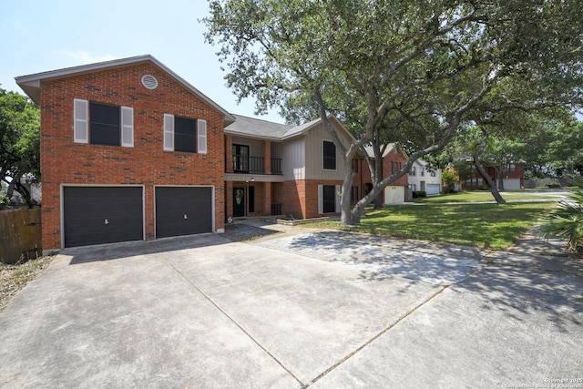 8318 Tiguex, Universal City, TX 78148 - view of front of home with a garage, a balcony, a front lawn, brick siding, and concrete driveway