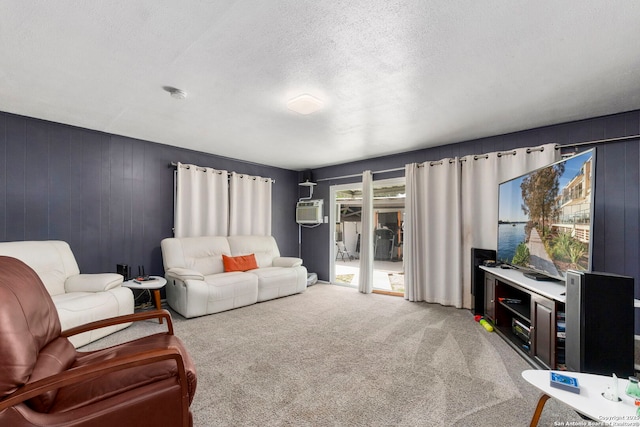 942 Mcilvaine, San Antonio, TX 78201 - carpeted living room with a wall unit AC and a textured ceiling