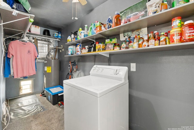942 Mcilvaine, San Antonio, TX 78201 - laundry area with washer / dryer, water heater, carpet, and ceiling fan