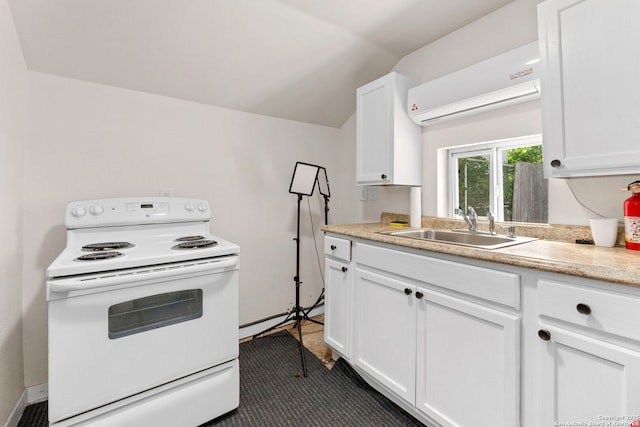 942 Mcilvaine, San Antonio, TX 78201 - kitchen featuring white range with electric stovetop, a wall mounted AC, a sink, white cabinets, and light countertops