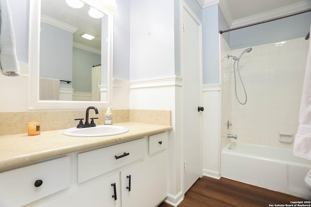2834 Burning Log, San Antonio, TX 78247 - bathroom with crown molding, wood finished floors, vanity, and shower / bath combination with curtain