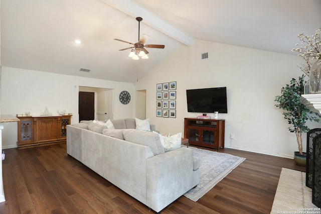 2834 Burning Log, San Antonio, TX 78247 - living room featuring a ceiling fan, dark wood-type flooring, beamed ceiling, baseboards, and high vaulted ceiling