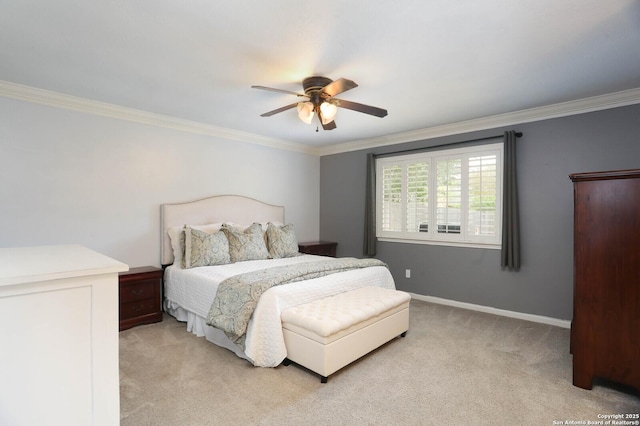2834 Burning Log, San Antonio, TX 78247 - bedroom with light carpet, crown molding, a ceiling fan, and baseboards
