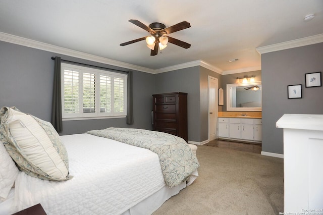 2834 Burning Log, San Antonio, TX 78247 - bedroom with carpet floors, crown molding, baseboards, a sink, and connected bathroom