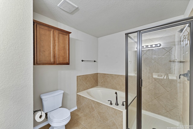 11219 Five Iron, San Antonio, TX 78221 - full bathroom with a stall shower, a garden tub, tile patterned flooring, toilet, and a textured ceiling