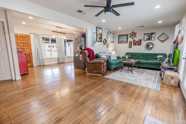 507 Twin Elm, Canyon Lake, TX 78133 - living area featuring ceiling fan, light wood finished floors, and recessed lighting