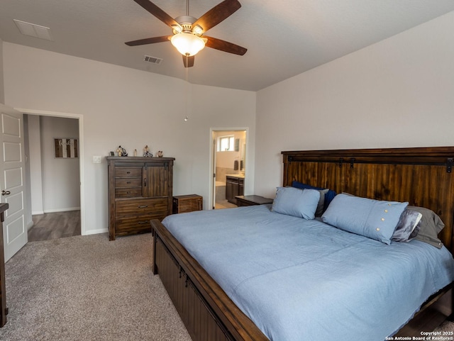 4926 Drifter Oaks, Saint Hedwig, TX 78152 - bedroom featuring light colored carpet, a ceiling fan, connected bathroom, and baseboards