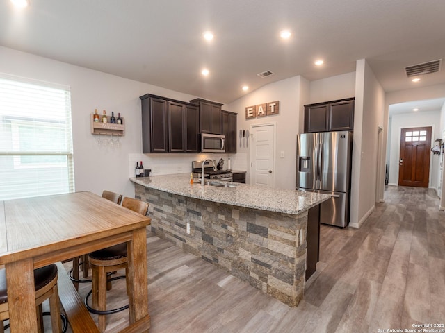 4926 Drifter Oaks, Saint Hedwig, TX 78152 - kitchen featuring stainless steel appliances, light wood-type flooring, a peninsula, dark brown cabinets, and healthy amount of natural light