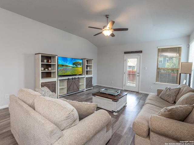 4926 Drifter Oaks, Saint Hedwig, TX 78152 - living room featuring vaulted ceiling, baseboards, a ceiling fan, and wood finished floors