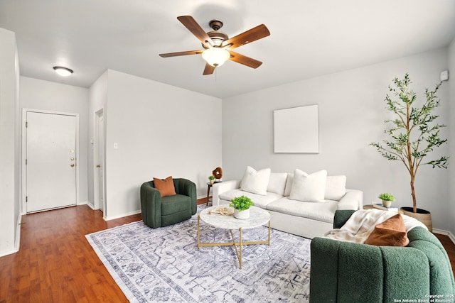 16910 Graham Walk, San Antonio, TX 78247 - living area featuring ceiling fan, wood finished floors, and baseboards