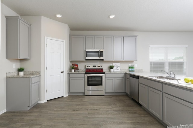14647 Stirrup Trce, Elmendorf, TX 78112 - kitchen featuring gray cabinetry, appliances with stainless steel finishes, a sink, wood finished floors, and recessed lighting