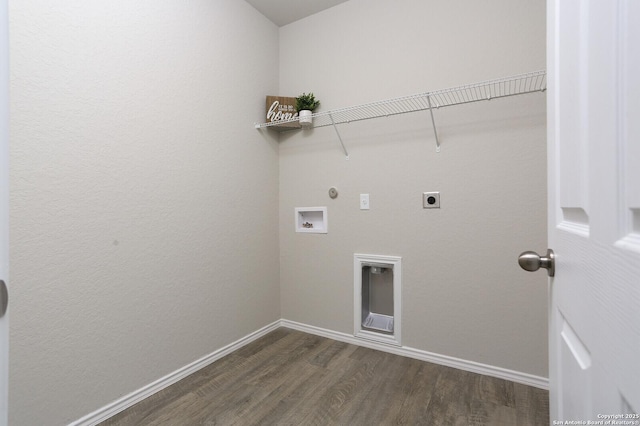 14647 Stirrup Trce, Elmendorf, TX 78112 - washroom featuring hookup for an electric dryer, washer hookup, dark wood-type flooring, baseboards, and gas dryer hookup