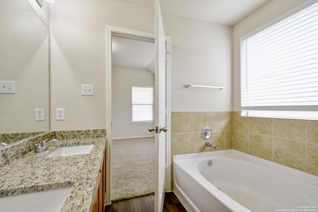 10374 Oakwood Crst, San Antonio, TX 78245 - full bath with healthy amount of natural light, a bath, vanity, and wood finished floors