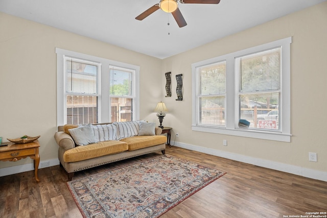 1726 Center, San Antonio, TX 78202 - living room featuring ceiling fan, wood finished floors, and baseboards