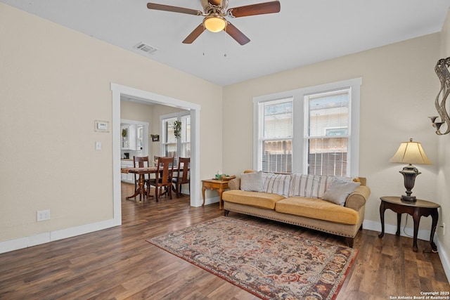 1726 Center, San Antonio, TX 78202 - living room with wood finished floors, a ceiling fan, and baseboards