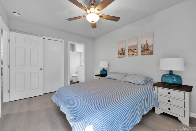 97 Denton, San Antonio, TX 78213 - bedroom with wood finished floors, a closet, a ceiling fan, and ensuite bathroom