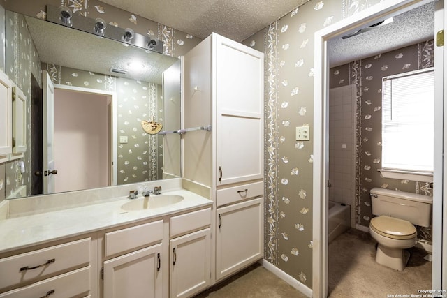8103 N New Braunfels Unit 19, San Antonio, TX 78209 - bathroom with wallpapered walls, a textured ceiling, toilet, and vanity