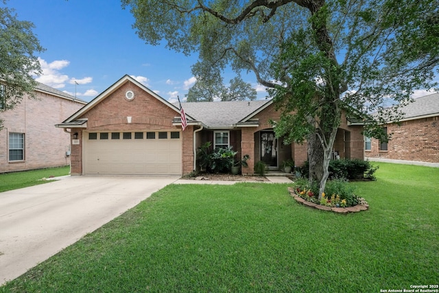 8022 Maddie Ln, San Antonio, TX 78255 - ranch-style home featuring a garage, a front lawn, brick siding, and driveway