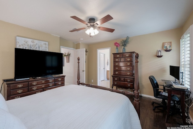 8022 Maddie Ln, San Antonio, TX 78255 - bedroom featuring wood finished floors, baseboards, an office area, a ceiling fan, and ensuite bathroom