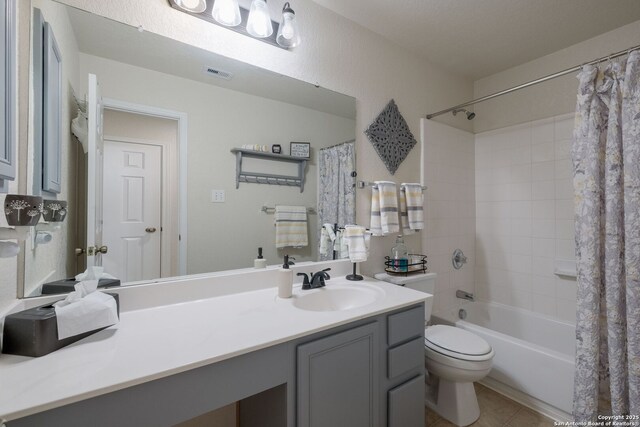 8022 Maddie Ln, San Antonio, TX 78255 - full bath featuring vanity, toilet, shower / tub combo with curtain, and tile patterned flooring