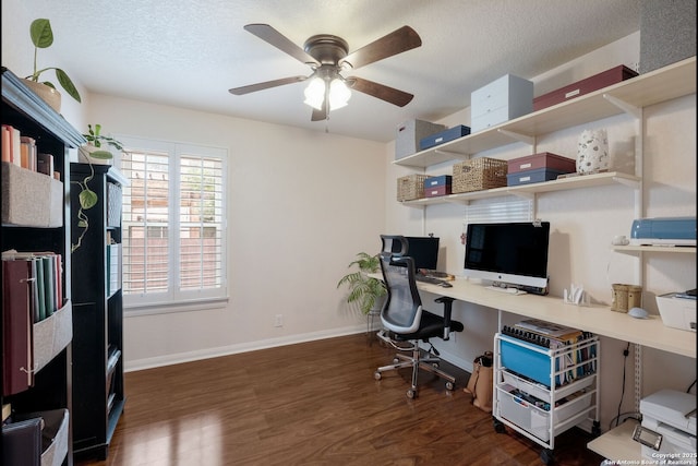 8022 Maddie Ln, San Antonio, TX 78255 - office space with ceiling fan, wood finished floors, a textured ceiling, baseboards, and built in study area