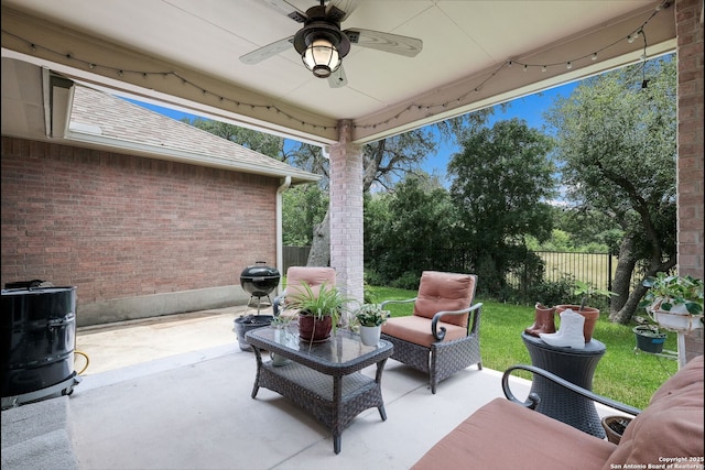 8022 Maddie Ln, San Antonio, TX 78255 - fenced backyard with ceiling fan and a patio