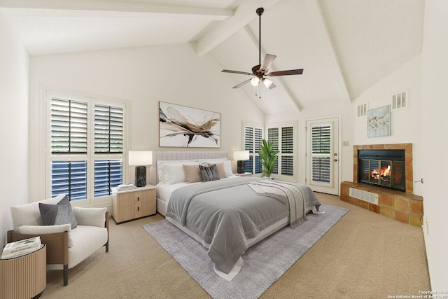 7519 Dijon Ct, San Antonio, TX 78209 - bedroom with light carpet, high vaulted ceiling, access to outside, beamed ceiling, and a tiled fireplace