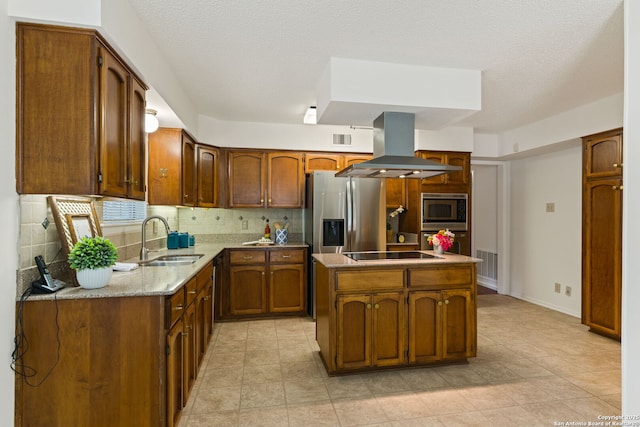 7519 Dijon Ct, San Antonio, TX 78209 - kitchen with stainless steel appliances, island range hood, a sink, backsplash, and a kitchen island