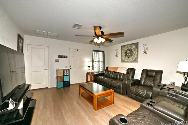 923 Cook Bnd, San Antonio, TX 78221 - living area featuring ceiling fan, wood finished floors, and a textured ceiling