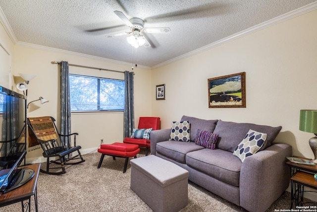 9618 Alderwood, San Antonio, TX 78250 - living area featuring ornamental molding, a ceiling fan, a textured ceiling, carpet floors, and baseboards