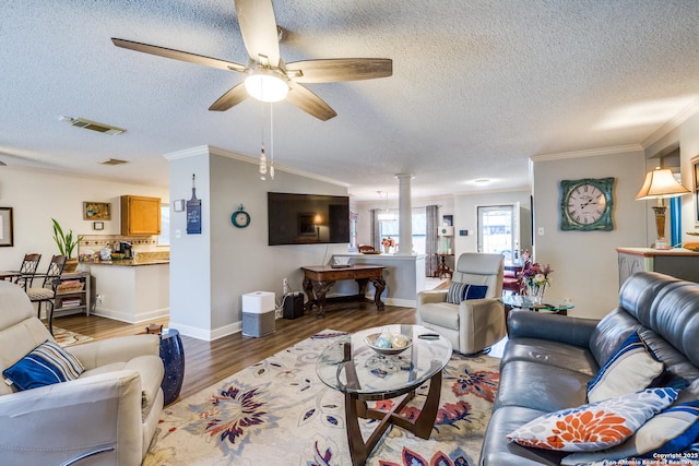 9618 Alderwood, San Antonio, TX 78250 - living room with ornate columns, a textured ceiling, ornamental molding, wood finished floors, and ceiling fan