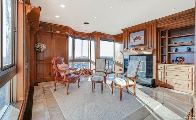 7887 Broadway Unit 1102, San Antonio, TX 78209 - living area with recessed lighting and a tiled fireplace