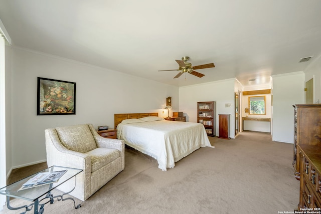 424 Fenwick Dr, Windcrest, TX 78239 - bedroom featuring light colored carpet, crown molding, and a ceiling fan
