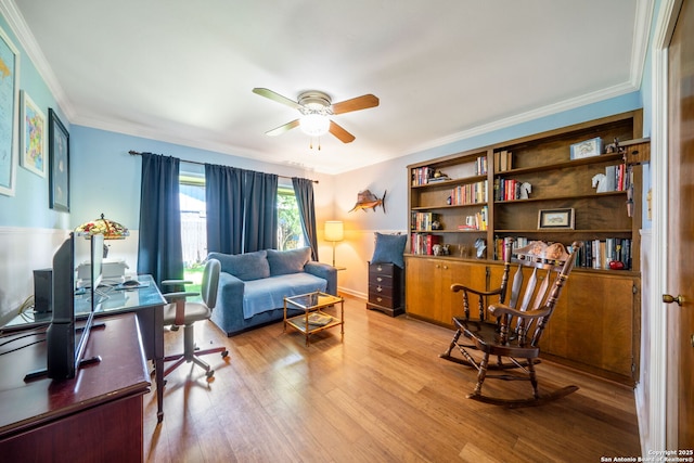 424 Fenwick Dr, Windcrest, TX 78239 - office area with ceiling fan, ornamental molding, and light wood-type flooring
