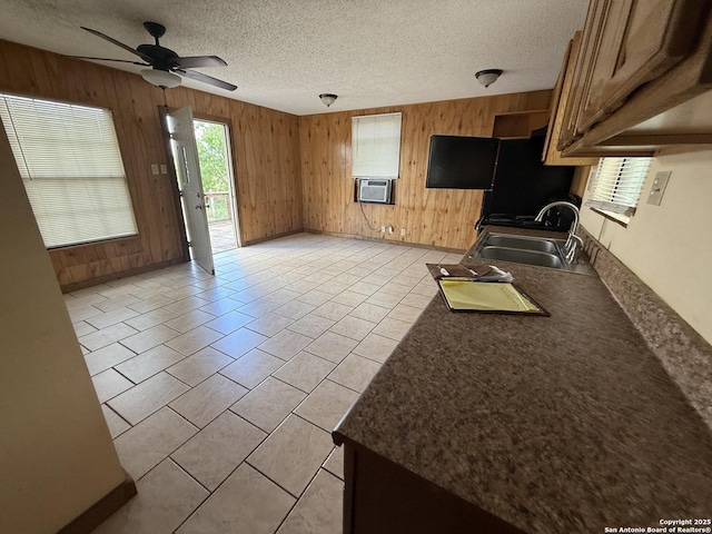 13338 Interstate 35, Moore, TX 78057 - kitchen featuring a sink, wood walls, ceiling fan, dark countertops, and a textured ceiling