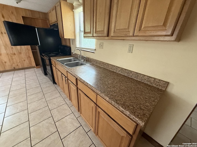 13338 Interstate 35, Moore, TX 78057 - kitchen with a sink, black range with electric cooktop, dark countertops, light tile patterned floors, and wooden walls