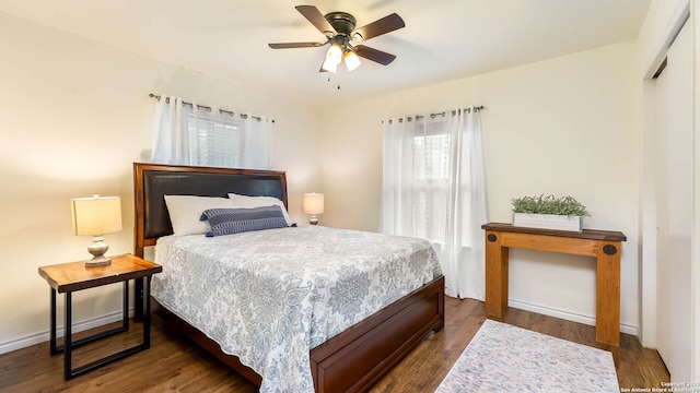 511 Serenade, San Antonio, TX 78216 - bedroom featuring wood finished floors, a closet, baseboards, and ceiling fan