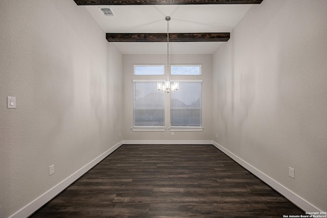557 Poe Pkwy, Castroville, TX 78009 - unfurnished dining area with a chandelier, baseboards, beamed ceiling, and dark wood-style floors