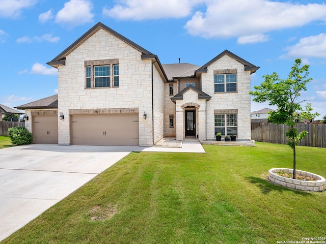 126 Stout Cv, Cibolo, TX 78108 - french country home featuring stone siding, concrete driveway, a garage, and a shingled roof